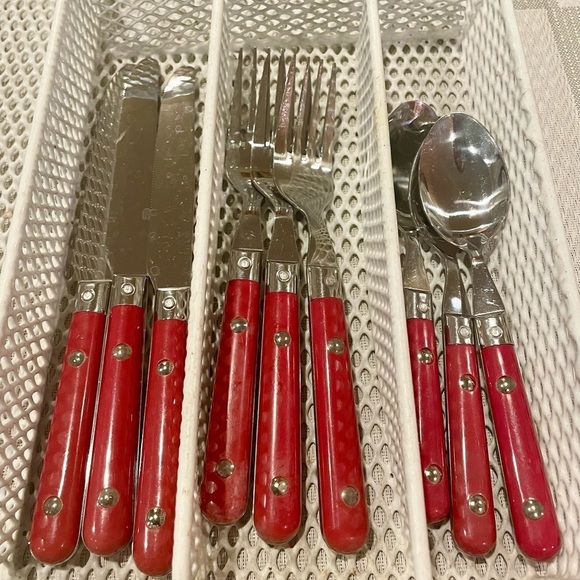 Vintage MCM Gibson Red Chunky Handle Stainless Flatware 3 place Settings - Picture 5 of 5